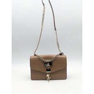 DKNY Womens Sand Beige Croc-Embossed Elissa Small Flap Shoulder Bag NWT